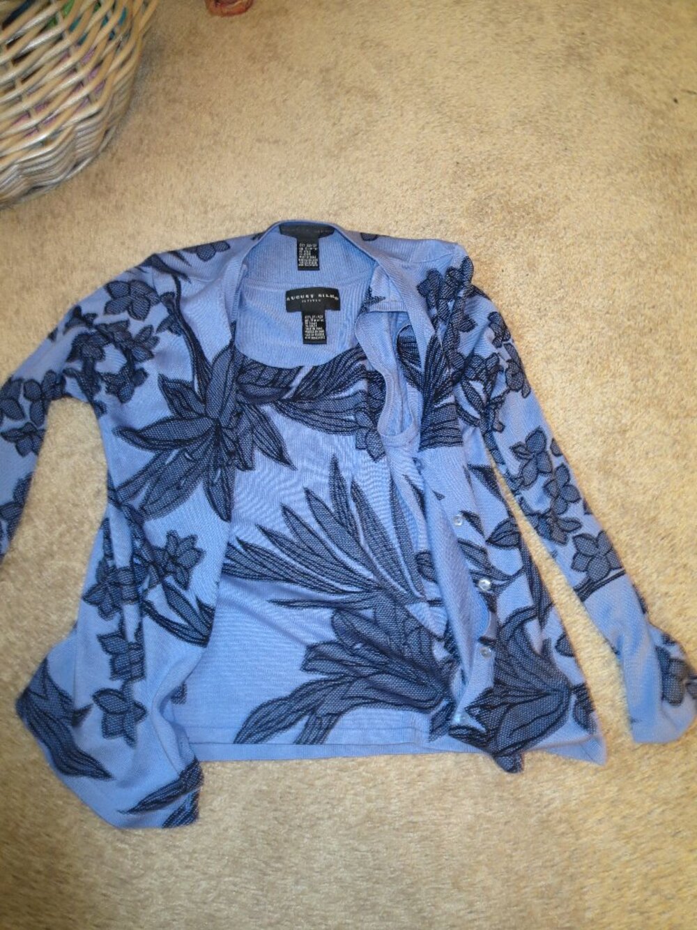 August Silk Women's Blue Floral Twinset Tank Cardigan Set, 100% Silk, Size Small